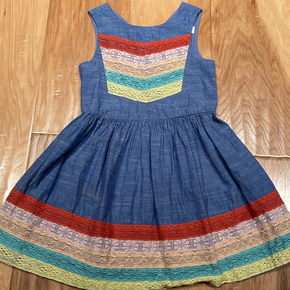 Girls Faux Denim Dress with Colorful Lace Accents